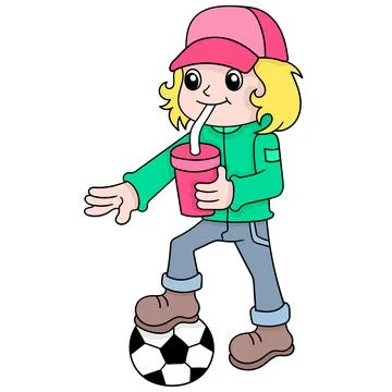 A cool blonde haired boy drinking ice while playing ball. doodle icon image k Stock-Illustration