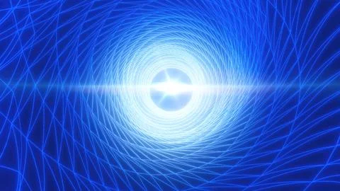 Cool blue wireframe tunnel with a central white light, evoking a futuristic.. 스톡 일러스트