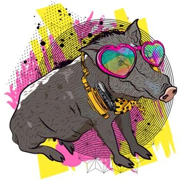 Cool boar. Comic print for t-shirt. Vector illustration. Fun graphic. Illustrazione stock