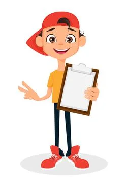Cool boy in cap holding clipboard. Cute cartoon character. Vector illustratio Stock Illustration