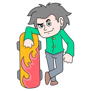 Cool boy is posing with his proud skateboard, doodle icon image kawaii coo... Stock Photos