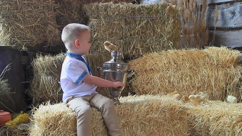 A cool boy with a samovar on a bale of hay plays with a chicken. Happy Easter Stock Footage 155060471