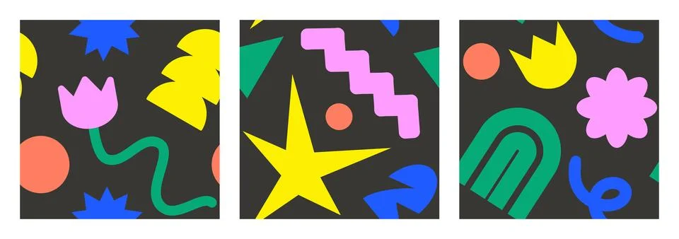 Cool Brutalism Seamless pattern set. Naive playful color shapes in trendy Stock Illustration