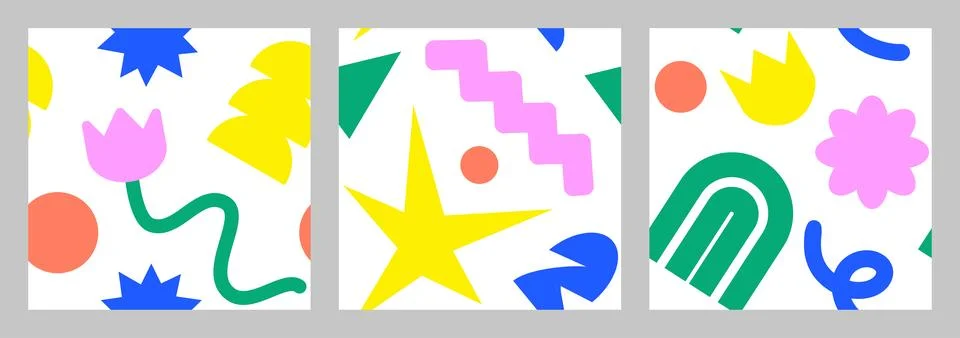 Cool Brutalism Seamless pattern set. Naive playful color shapes in trendy Stock Illustration