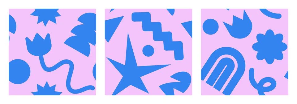 Cool Brutalism seamless pattern set. Naive playful abstract shapes in trendy Stock Illustration