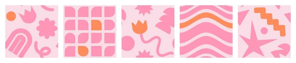 Cool Brutalism Seamless pattern set. Naive playful pastel color shapes in trendy Stock Illustration