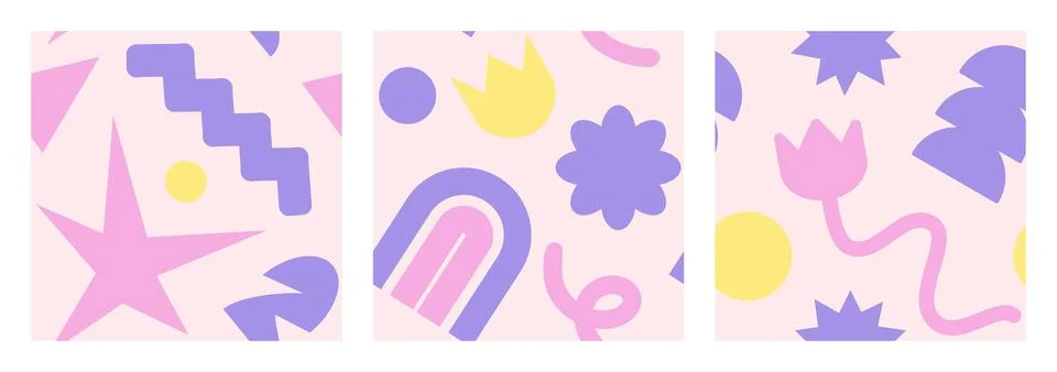 Cool Brutalism Seamless pattern set. Naive playful pastel color shapes in trendy Stock Illustration