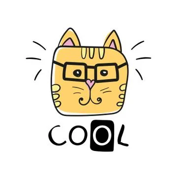 Cool cat slogan and face cat vector - Cute cat face hand drawing Stock Illustration