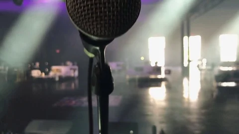 Cool close-up shot of a microphone on stage before a concert. Stock Footage 84918596
