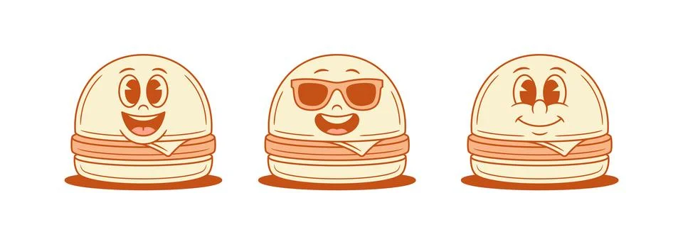 Cool comic burger cartoon character smiling set contoured vector flat illus.. イラスト素材