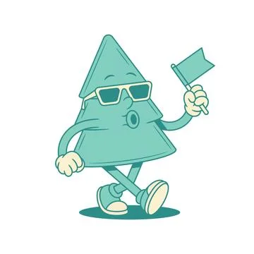 Cool comic green fir tree Christmas cartoon character with flag contoured vec Stock Illustration