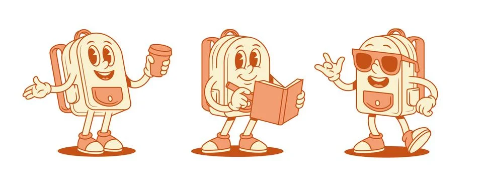 Cool comic schoolbag backpack cartoon character set isometric vector illust.. イラスト素材