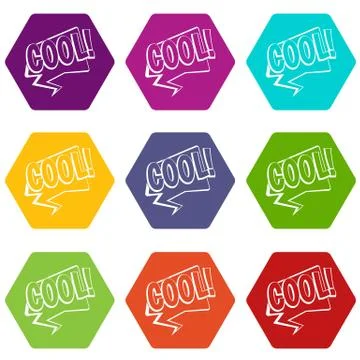 COOL, comic text speech bubble icon set color hexahedron Stock Illustration