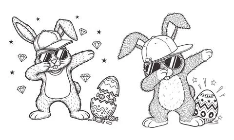 Cool dabbing easter bunny illustration rabbit sunglasses line art design Stock Illustration