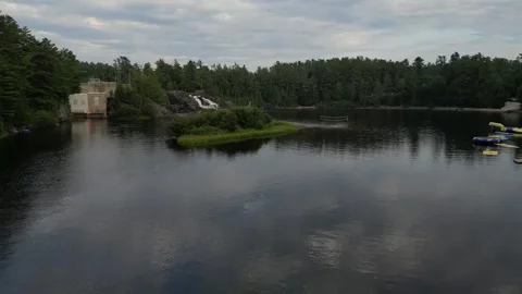 Cool Drone Flight towards High Falls rising up (Bracebridge, Muskoka) Stock Footage 314233626