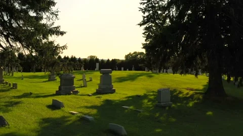 Cool drone shot of the Gorham Cemetery. An old grave yard that with graves Stock Footage 236688488