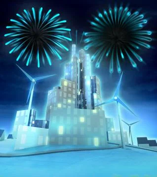 Cool firework above modern windmill powered city illustration Ilustração Stock