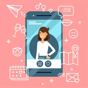 Cool flat vector concept on online application dating user. Phone with dating Stock Illustration