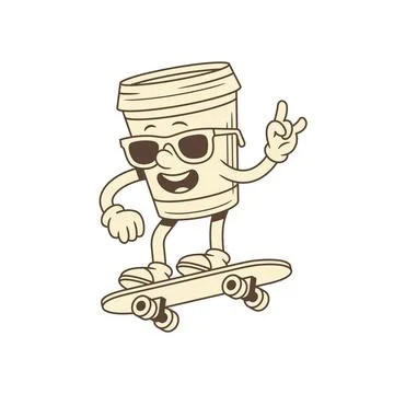 Cool funky coffee paper cup cartoon character on skateboard contoured vecto.. Stock Illustration