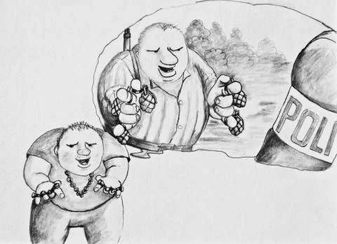 Cool grandson talks about his grandfather partisan. Pencil drawing on paper Stock Illustration