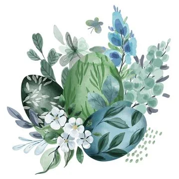 Cool green floral easter composition with eggs Stock Illustration