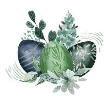 Cool green floral easter composition with eggs Stock Illustration