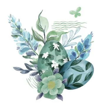 Cool green floral easter composition with eggs Stock Illustration