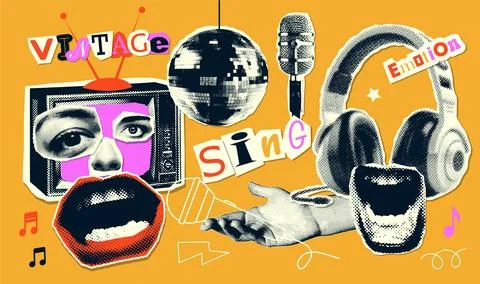 Cool grunge set of halftone collage elements on the theme of singing, vintage Stock-Illustration