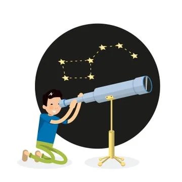 Cool guy vector character looks through a telescope and sitting on his knees Stock Illustration