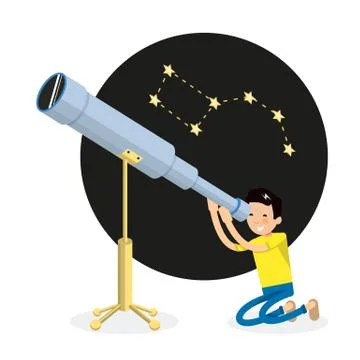 Cool guy vector character looks through a telescope and sitting on his knees 스톡 일러스트