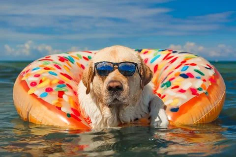 Cool Labrador floating on donut inflatable wearing sunglasses in tropical sea Photos
