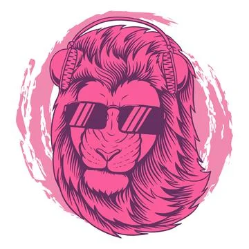 Cool lion Pink headphone vector illustration Stock Illustration