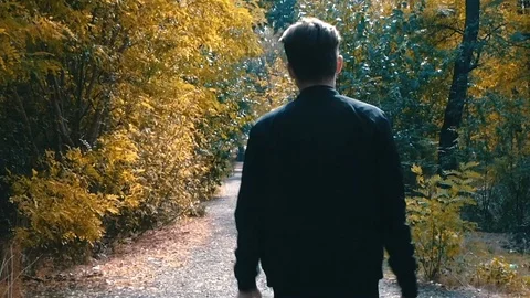 Cool man moving along a forest road into the distance Stock Footage 104698250