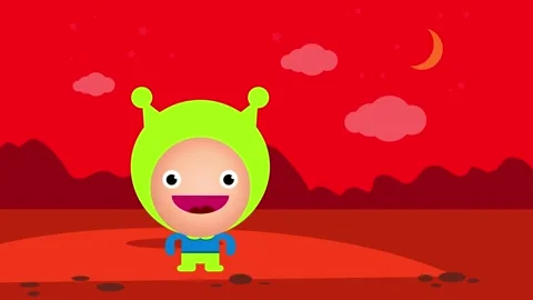 Cool mars scene with an astronaut walking on the red planet under a starry Stock Footage 131683009