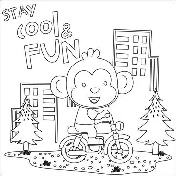 Cool monkey and motorcycle funny animal cartoon. Creative vector childish Illustrazione stock