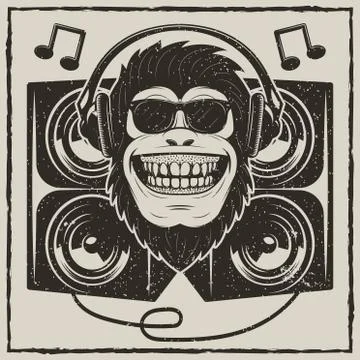 Cool music monkey vector grunge t-shirt printing design Stock Illustration