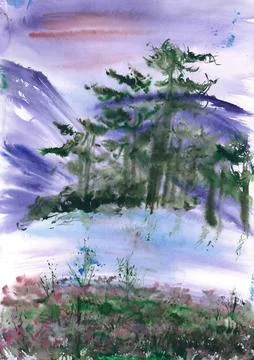 Cool northern mountain landscape with pine forest near the blue lake Stock Illustration