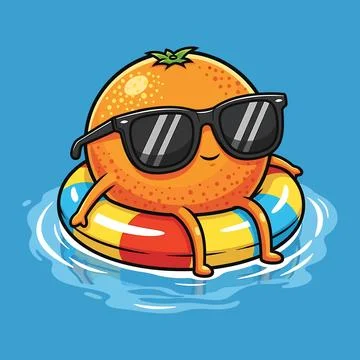 Cool Orange Floating on Pool Ring with Sunglasses Summer Cartoon Character Illustrazione stock