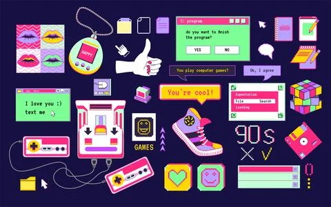 Cool patch with fashion doodle elements. Pop neon Memphis collage. Comic fun 스톡 일러스트