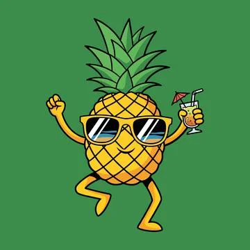 Cool Pineapple Dancing with Tropical Cocktail Cartoon Mascot Stock Illustration