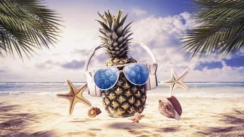 Cool pineapple partying at the beach Stock Illustration