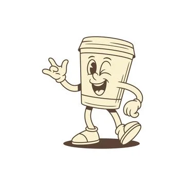 Cool positive coffee paper cup cartoon character rock gesture contoured vec.. Stock Illustration