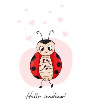 Cool postcard with cute ladybug. Enamored insect ladybird with hearts. Hell.. Illustrazione stock