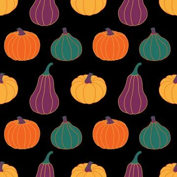 Cool pumpkins on a black background. Seamless vector pattern. Autumn Stock Illustration