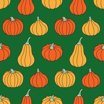 Cool pumpkins on a green background. Seamless vector pattern. Autumn Stock Illustration