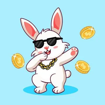 Cool Rabbit Dance in Dabbing Style with Gold Coin Floating Stock Illustration