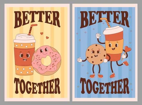Cool retro posters with cute characters. Coffee in paper cup takeaway, dona.. Stock Illustration