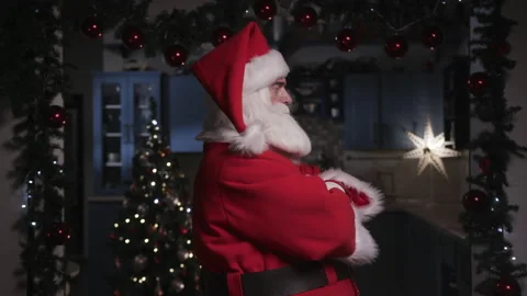 Cool Santa Look at Camera. Background of Home New Year Decor and Christmas Tree. Stock-Footage 142469179