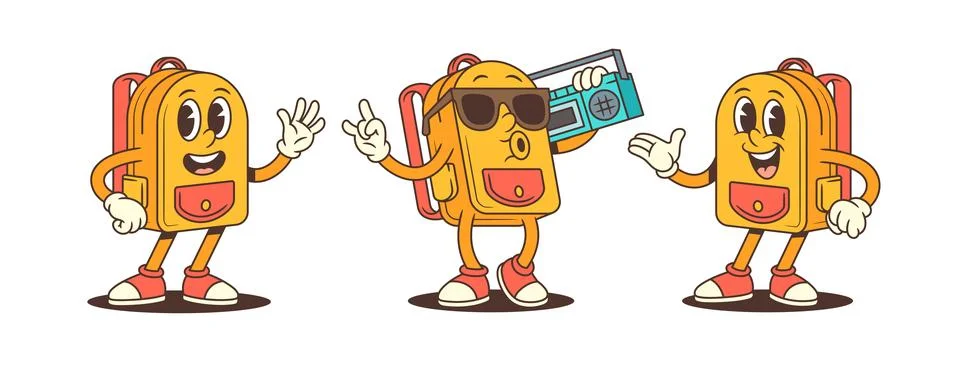 Cool School Backpack Mascot Characters with Fun Poses and Positive Emotions.. Stock Illustration