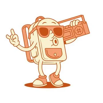 Cool schoolbag backpack cartoon character retro music player isometric vector Stock Illustration